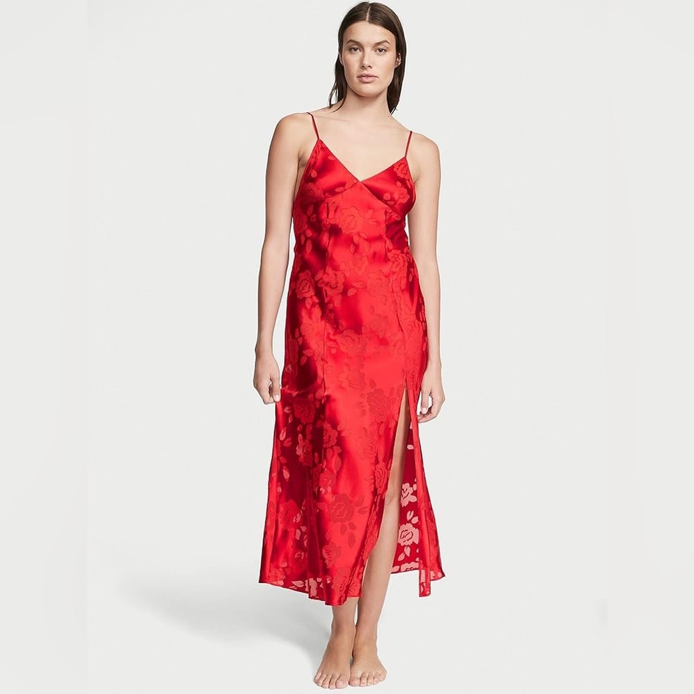 Victoria’s Secret Satin Slip Midi Dress Red Floral Burnout VS Archives